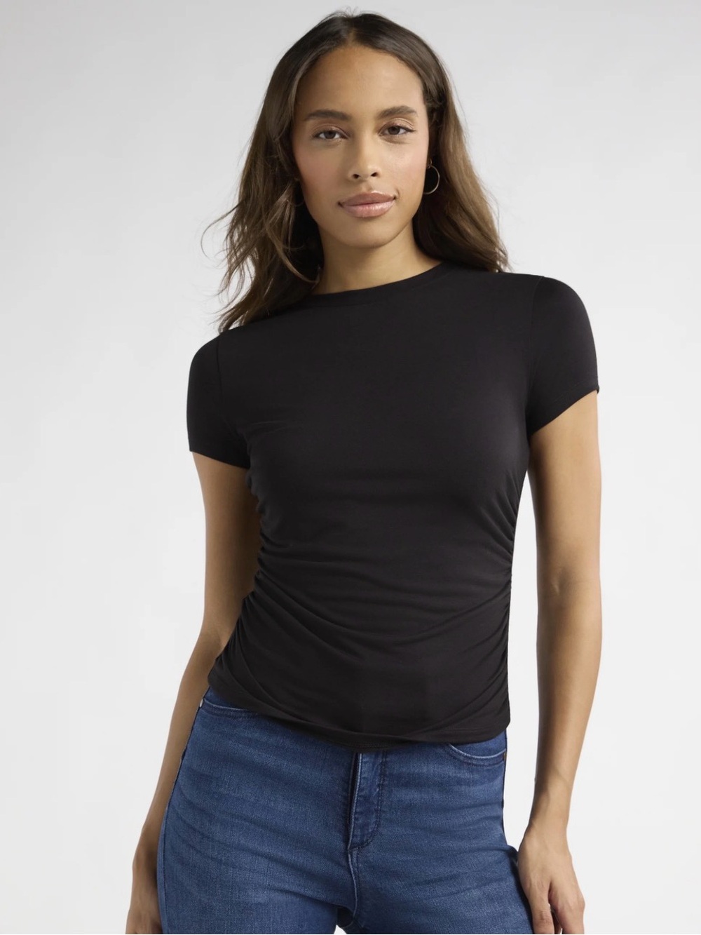 Sofia Vergara simple solid black Ruched Side short Sleeves fitted tee NWT SM
